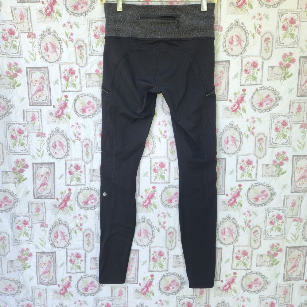 Lululemon Fresh Tracks Tight Black Heathered Grey Waistband Pocket Leggings Sz 6